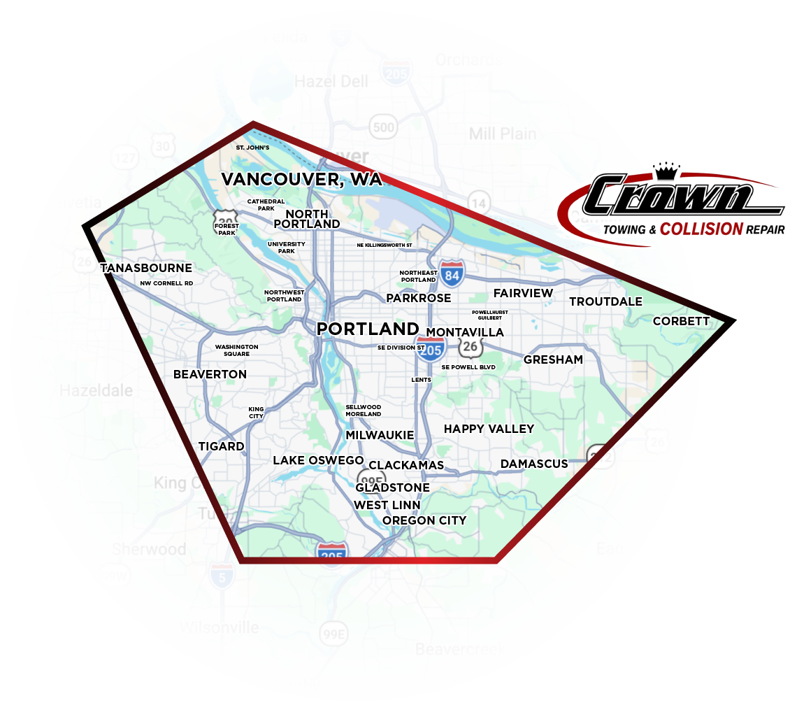 Map of Crown Towing service area across Portland metro and SW Washington